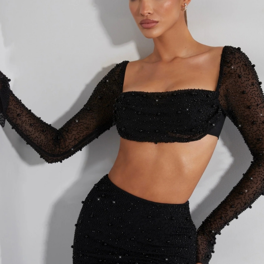 Oh Polly Embellished Cowl Neck Crop Top Black